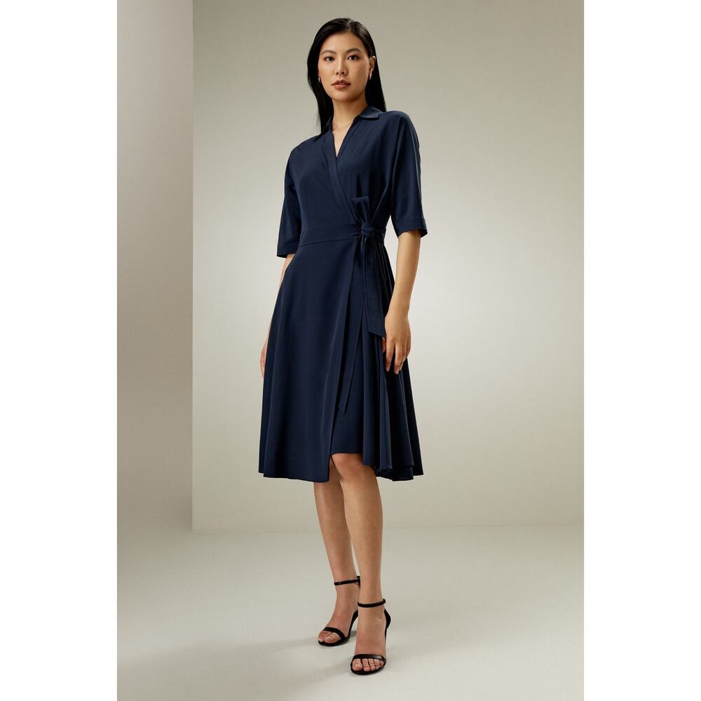 LILYSILK Dress Womens Small Navy Blue Silk Front Tie Wrap Midi Elbow Sleeve NWT
